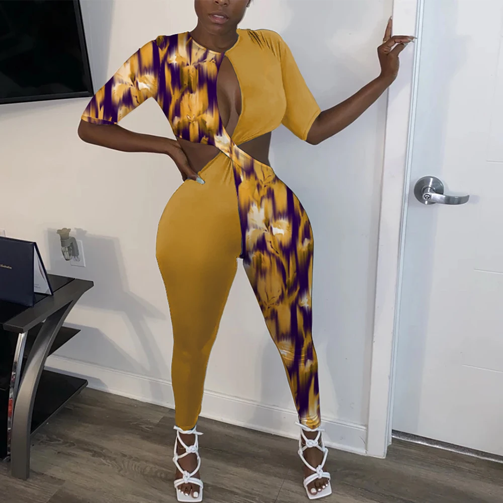 Waist Band Cut Out Color Block Slim Jumpsuit for Women Front Hollow Half Sleeve Bodycon Overall Summer Female One Piece Outfits
Waist Band Cut Out Color Block Slim Jumpsuit for Women Front Hollow Half Sleeve Bodycon Overall Summer Female One Piece Outfits