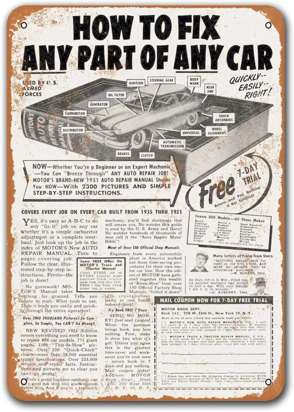 1951 Auto Repair Manual Vintage Tin Signs Cars, Sisoso Metal Plaques Poster Pub Garage Retro Wall Decor 8x12 inch
1951 Auto Repair Manual Vintage Tin Signs Cars, Sisoso Metal Plaques Poster Pub Garage Retro Wall Decor 8x12 inch