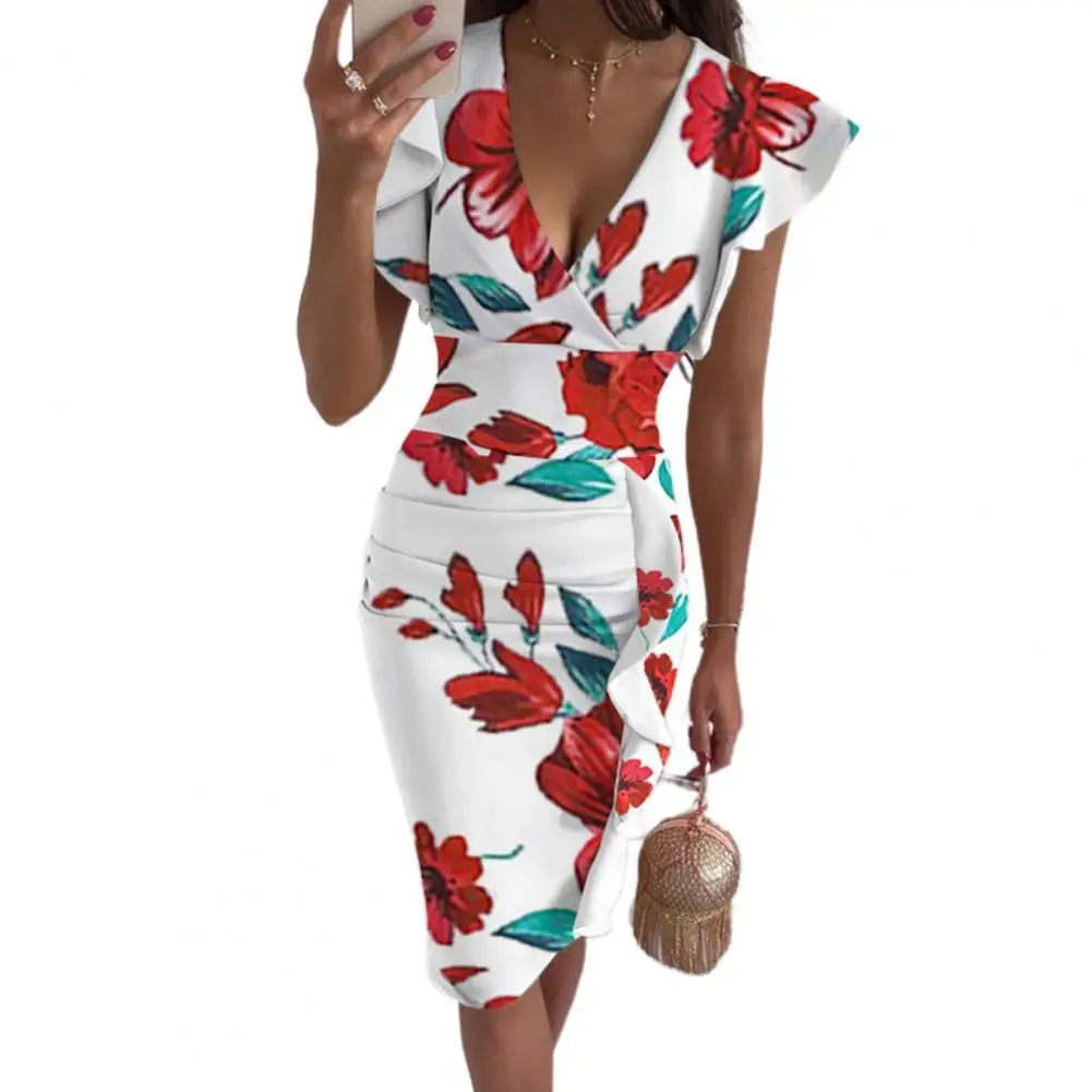 Women Dress Flower Printing Deep-V Cloth Ruffled Hem Decor Fashion Summer Comfortable Sleeveless Slim Elegante Midi Dress
Women Dress Flower Printing Deep-V Cloth Ruffled Hem Decor Fashion Summer Comfortable Sleeveless Slim Elegante Midi Dress