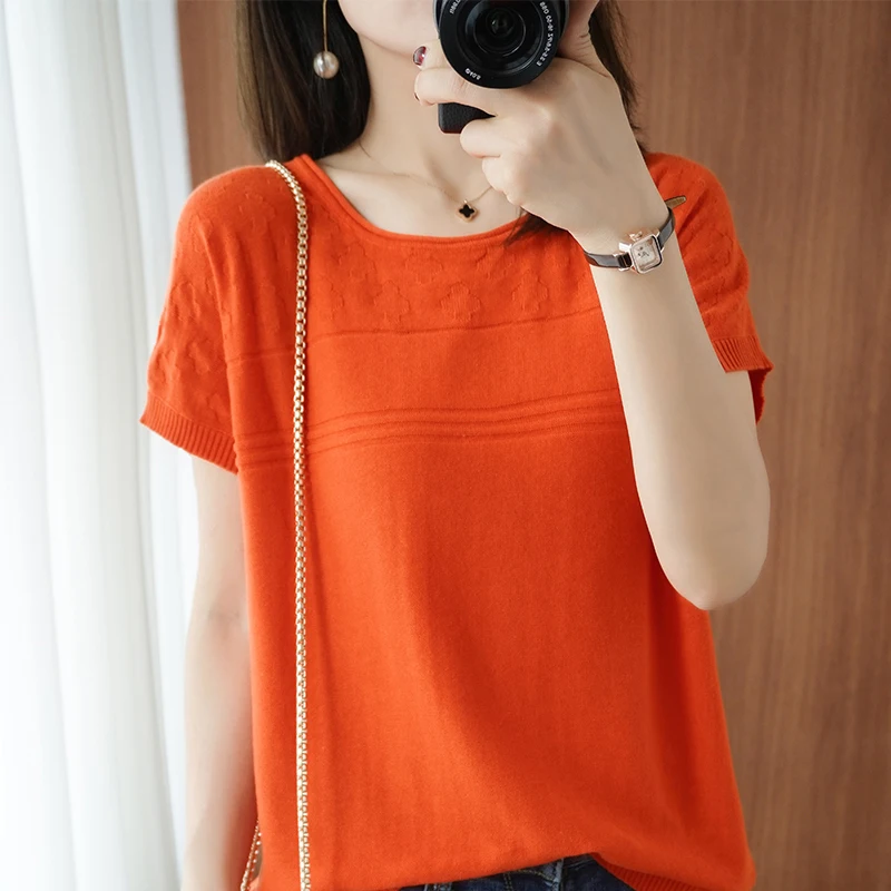 Summer 2021 New Style Pure Cotton T-Shirt Casual Knitted Short-Sleeved Women's Solid Round Neck Tops T-Shirt Women's Pullover
Summer 2021 New Style Pure Cotton T-Shirt Casual Knitted Short-Sleeved Women's Solid Round Neck Tops T-Shirt Women's Pullover