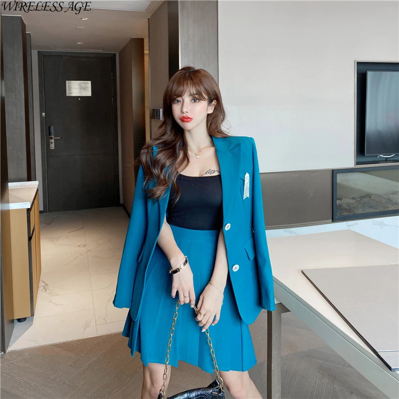 WIRELESS AGE Suit Women Blue Black Double Breasted Diamond Brooch Casual Clothes Jacket Pleated Skirt Suit Lady New Fashion
WIRELESS AGE Suit Women Blue Black Double Breasted Diamond Brooch Casual Clothes Jacket Pleated Skirt Suit Lady New Fashion