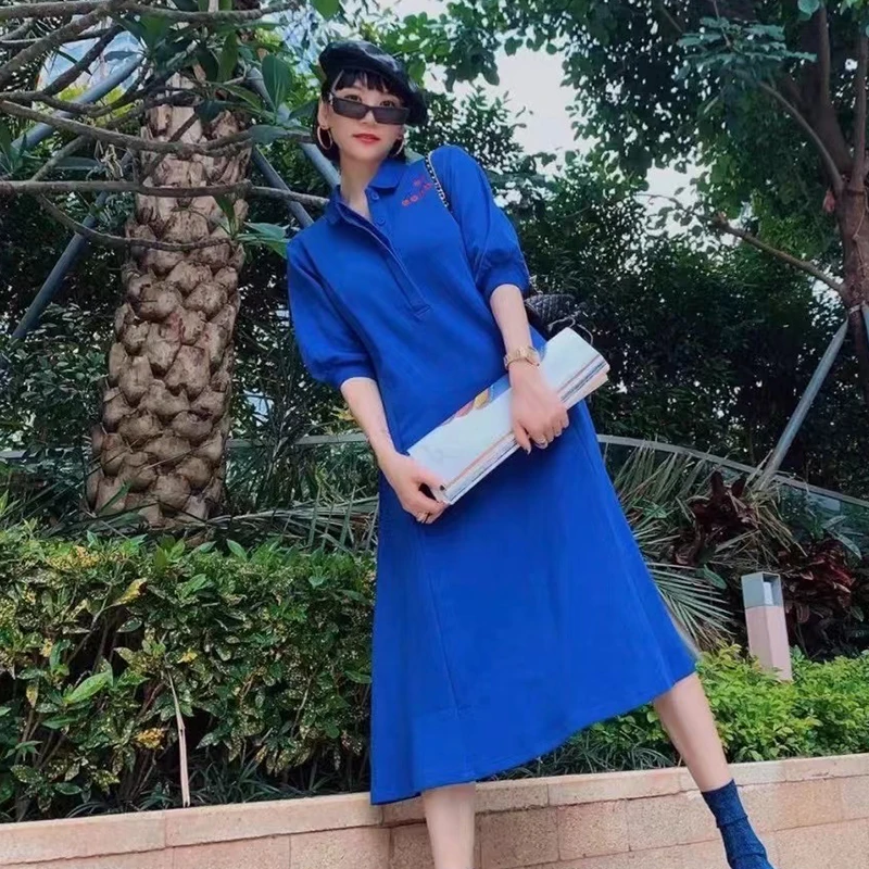 Casual Blue Dress For Women Lapel Collar Short Sleeve High Waist Solid Mid Dresses Females Fashion Clothing 2021 Summer
Casual Blue Dress For Women Lapel Collar Short Sleeve High Waist Solid Mid Dresses Females Fashion Clothing 2021 Summer