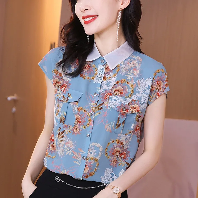 Chiffon Loose Women's Blouse New Fashion Blouses Print Polo Collar Shirts Casual Short Sleeve Blusas Flower Summer Houthion
Chiffon Loose Women's Blouse New Fashion Blouses Print Polo Collar Shirts Casual Short Sleeve Blusas Flower Summer Houthion