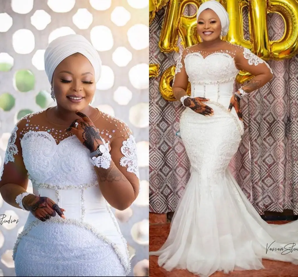 Lace Beaded Mermaid Wedding Dresses Sheer Neck Illusion Long Sleeve Plus Size African Niergian Bridal Gowns 2023
Lace Beaded Mermaid Wedding Dresses Sheer Neck Illusion Long Sleeve Plus Size African Niergian Bridal Gowns 2023