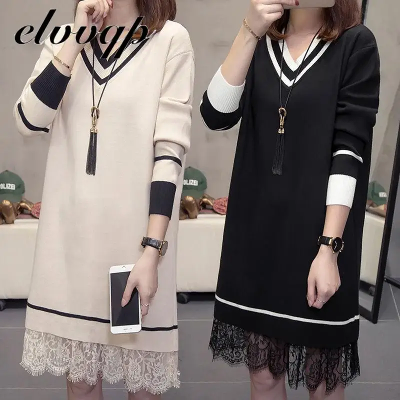 Patchwork Lace Sweater Dresses Women's Long Sleeve V Neck Midi Straight Ladies High Street Autumn Knitted Dresses
Patchwork Lace Sweater Dresses Women's Long Sleeve V Neck Midi Straight Ladies High Street Autumn Knitted Dresses