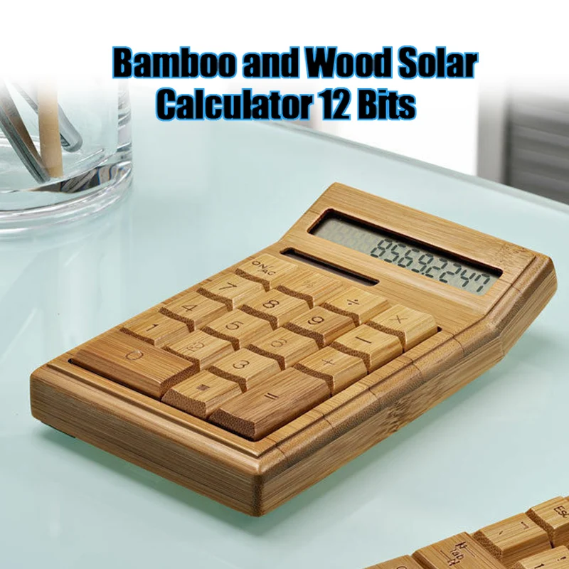 

Functional Desktop Calculator Solar Power Bamboo Calculators with 12-digit Large Display Home Office PUO88