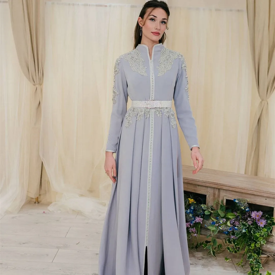 Silver Muslim Moroccan Caftan Evening Dress With Applique Sequins Beaded Saudi Arabia Prom Dresses Custom Made
Silver Muslim Moroccan Caftan Evening Dress With Applique Sequins Beaded Saudi Arabia Prom Dresses Custom Made