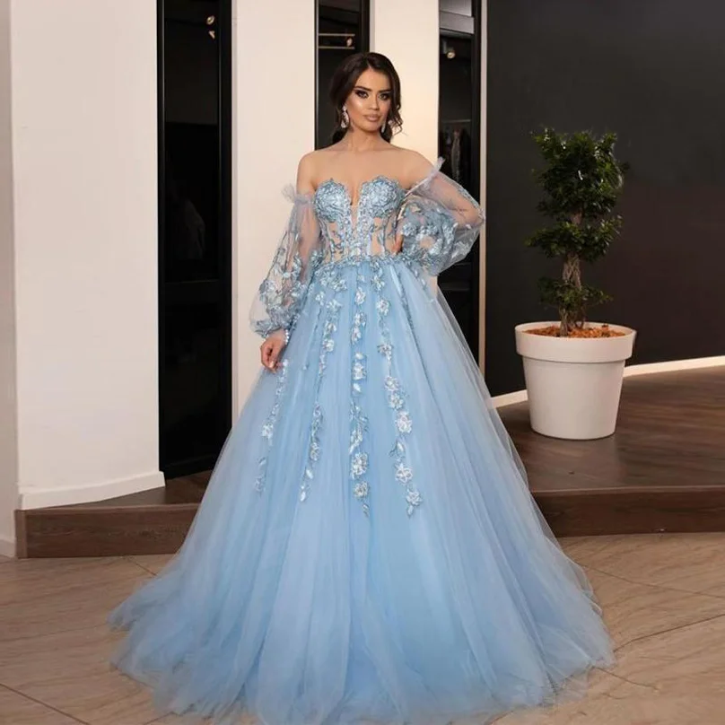 Illusion Long Sleeves Evening Dresses Lace Appliqued 3D Floral Off The Shoulder Sweep Train Lace-up Back Formal Prom Gowns
Illusion Long Sleeves Evening Dresses Lace Appliqued 3D Floral Off The Shoulder Sweep Train Lace-up Back Formal Prom Gowns