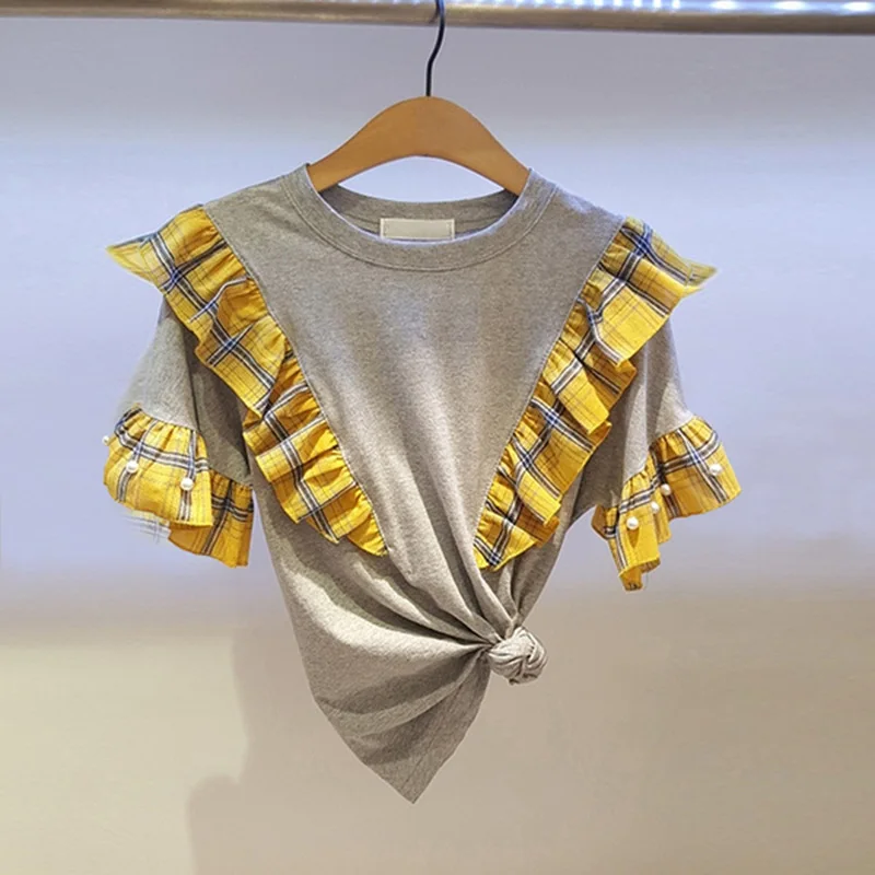 Chic Embroidered Flares O-neck T Shirts Women Fashion Plaid Fungus Edge Spliced Tee Summer Flare Short Sleeve Ropa Mujer
Chic Embroidered Flares O-neck T Shirts Women Fashion Plaid Fungus Edge Spliced Tee Summer Flare Short Sleeve Ropa Mujer