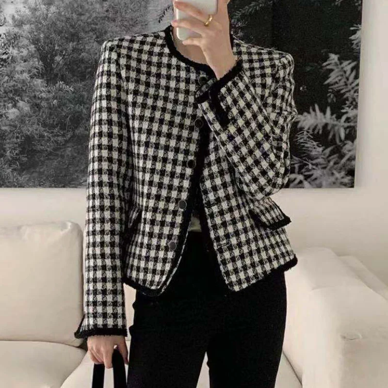 Korean Women Coat Chic Autumn French Round Neck Lace Contrast Single Breasted Long Sleeve Casual Short Plaid | Женская одежда