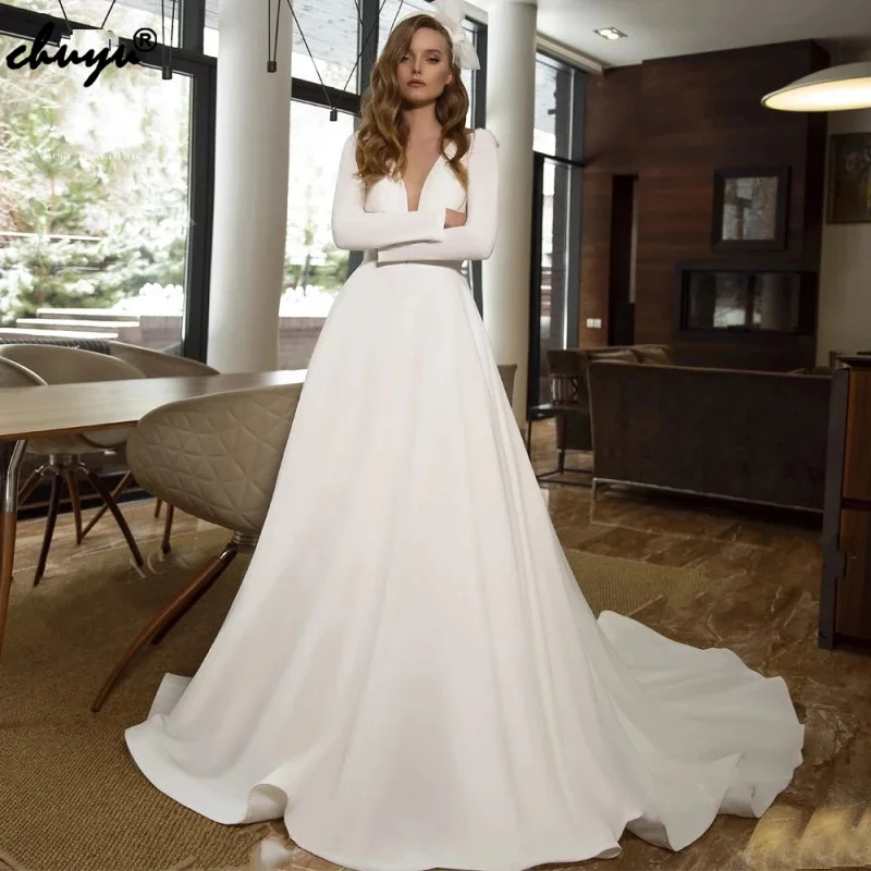 ChuYu White Modern Simple Ivory Long Stain A-line Weeding Dress 2021 V-neck Long Sleeves Illusion Formal Occasion 2021
ChuYu White Modern Simple Ivory Long Stain A-line Weeding Dress 2021 V-neck Long Sleeves Illusion Formal Occasion 2021