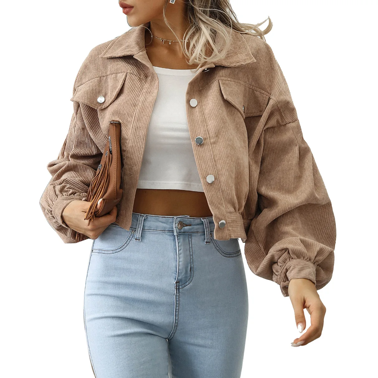 

Spring Autumn Basic Collar Chest Mock Flap Pockets Corduroy Button-Down Drop Bishop Sleeve Cropped Jacket Women