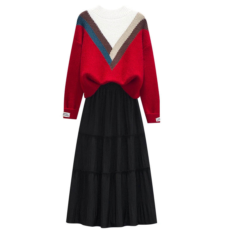 New Winter Women V-Neck Color Half A Turtleneck Labeling Female Twinset Sweater Black Pleated Skirt Long Leisure Suit
New Winter Women V-Neck Color Half A Turtleneck Labeling Female Twinset Sweater Black Pleated Skirt Long Leisure Suit