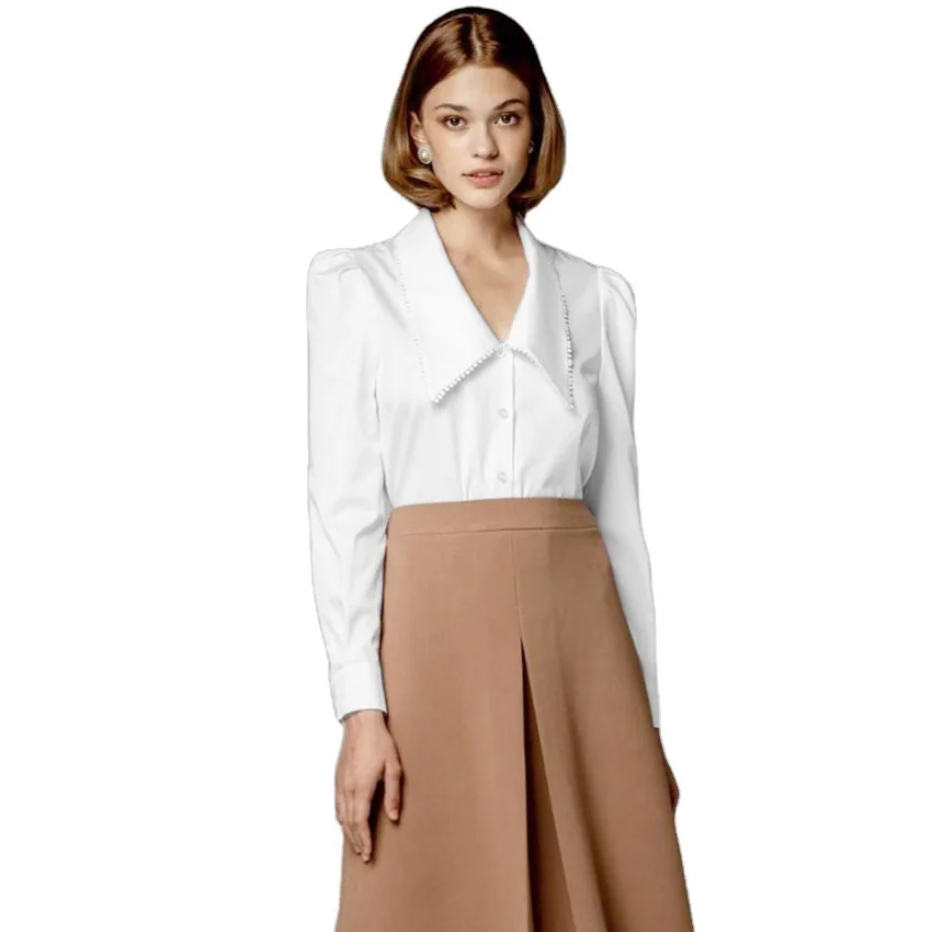 Elegant white cotton doll collar blouse spring French puff sleeve blouse OL office temperament shirt
Elegant white cotton doll collar blouse spring French puff sleeve blouse OL office temperament shirt