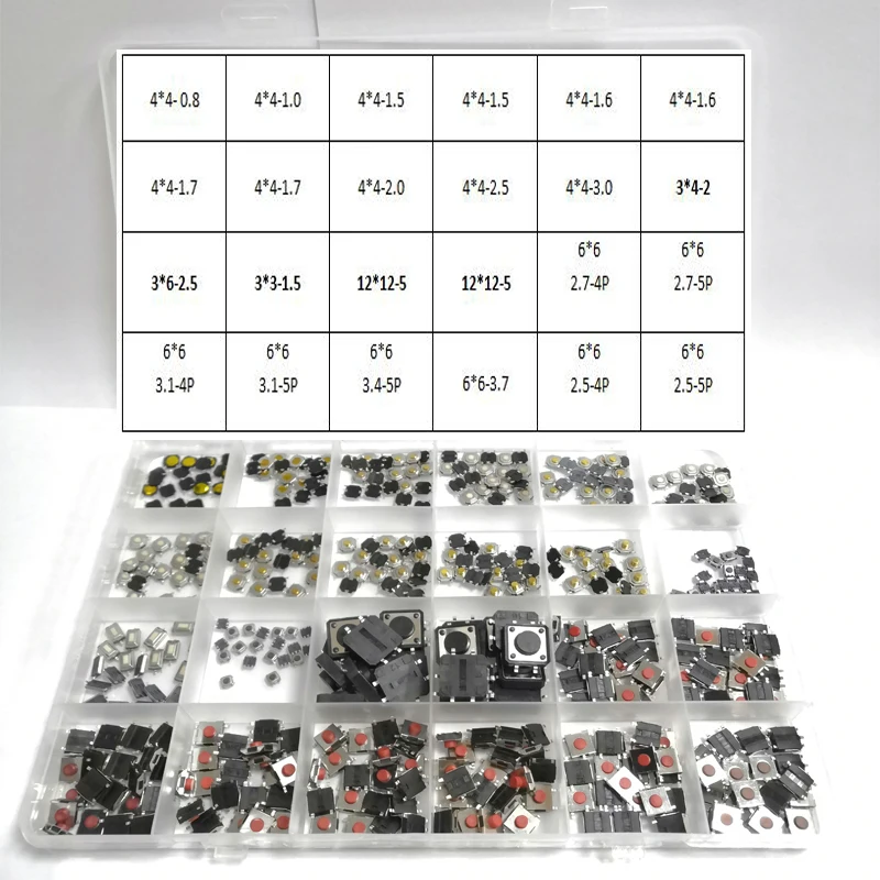 460 Pcs/Box 24Types Mini Leaf Switch SMD DIP 3*4 3*6 4*4 6*6 12*12 Micro Switch Assorted Push Button Tact Switches Reset Kit
460 Pcs/Box 24Types Mini Leaf Switch SMD DIP 3*4 3*6 4*4 6*6 12*12 Micro Switch Assorted Push Button Tact Switches Reset Kit
