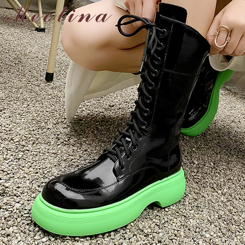 Meotina Cow Patent Leather Motorcycle Boots Women Shoes Platform Flat Boot Zipper Round Toe Med Calf Boots Autumn Winter 34-40
Meotina Cow Patent Leather Motorcycle Boots Women Shoes Platform Flat Boot Zipper Round Toe Med Calf Boots Autumn Winter 34-40