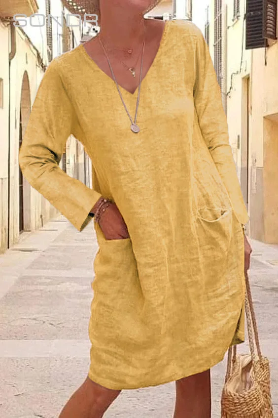 2020 Popular Autumn and Winter Loose Solid Color Pocket Long Sleeve V-neck Cotton Linen Slim Dress Women Deng Long Qun Casual
2020 Popular Autumn and Winter Loose Solid Color Pocket Long Sleeve V-neck Cotton Linen Slim Dress Women Deng Long Qun Casual