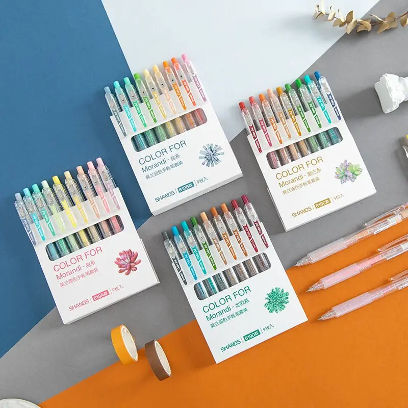 New Arrival 9PCS/Pack Press Type Portable Morandi Color Gel Pen DIY Graffiti Drawing Pen Marker Pen School Stationery 
New Arrival 9PCS/Pack Press Type Portable Morandi Color Gel Pen DIY Graffiti Drawing Pen Marker Pen School Stationery