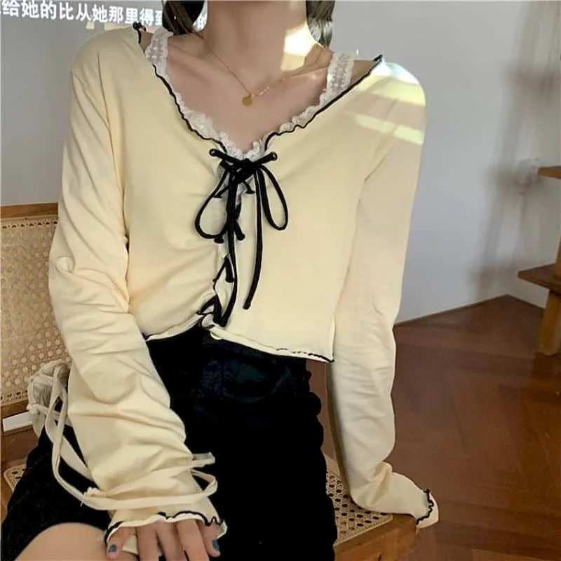 2021 T-shirt Ladies T-shirt Wavy-edge Lace-up Cardigan Top Korean Autumn Slim Short-sleeved Long-sleeved T-shirt Harajuku Kawaii
2021 T-shirt Ladies T-shirt Wavy-edge Lace-up Cardigan Top Korean Autumn Slim Short-sleeved Long-sleeved T-shirt Harajuku Kawaii