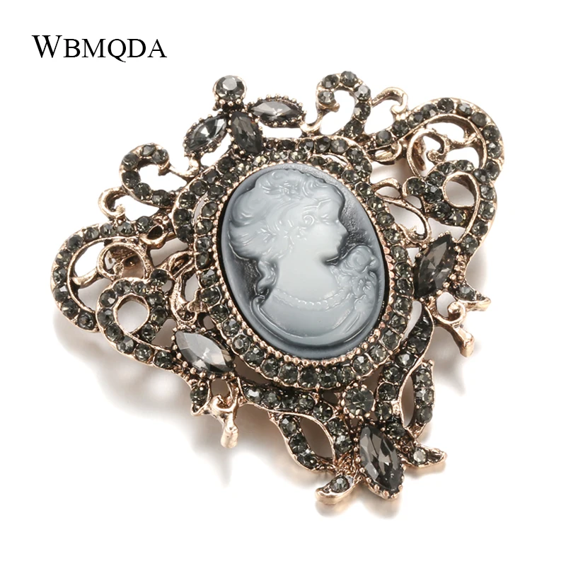 

Wbmqda Hot Luxury Lady Queen Cameo Brooch For Women Antique Gold Hollow Crystal Flower Vintage Gray Crystal Brooch Jewelry