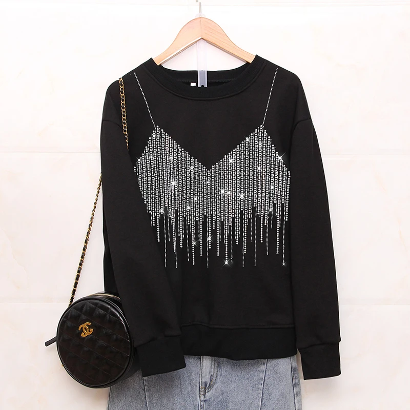 Autumn New Black Fashion Loose Sweatshirts female Creativity Sling pattern Hot diamonds Casual Round neck women tops pullovers
Autumn New Black Fashion Loose Sweatshirts female Creativity Sling pattern Hot diamonds Casual Round neck women tops pullovers