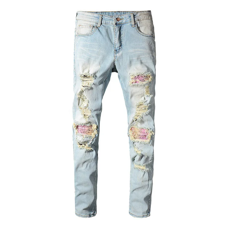 

Sokotoo Men's patchwork bandanna paisley printed biker jeans Light blue holes ripped skinny stretch denim pants Trousers