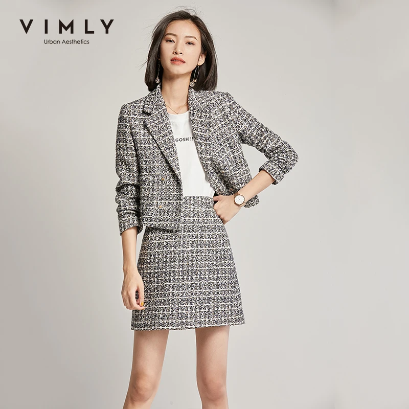 Женская одежда Vimly элегантный офисный твидовый пиджак с лацканами высокой талией