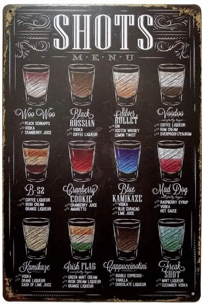 Metal Plate 12*8 Inches Shots Menu Retro Vintage Bar Metal Tin Sign Poster Wall Art Pub Bar Decor
Metal Plate 12*8 Inches Shots Menu Retro Vintage Bar Metal Tin Sign Poster Wall Art Pub Bar Decor