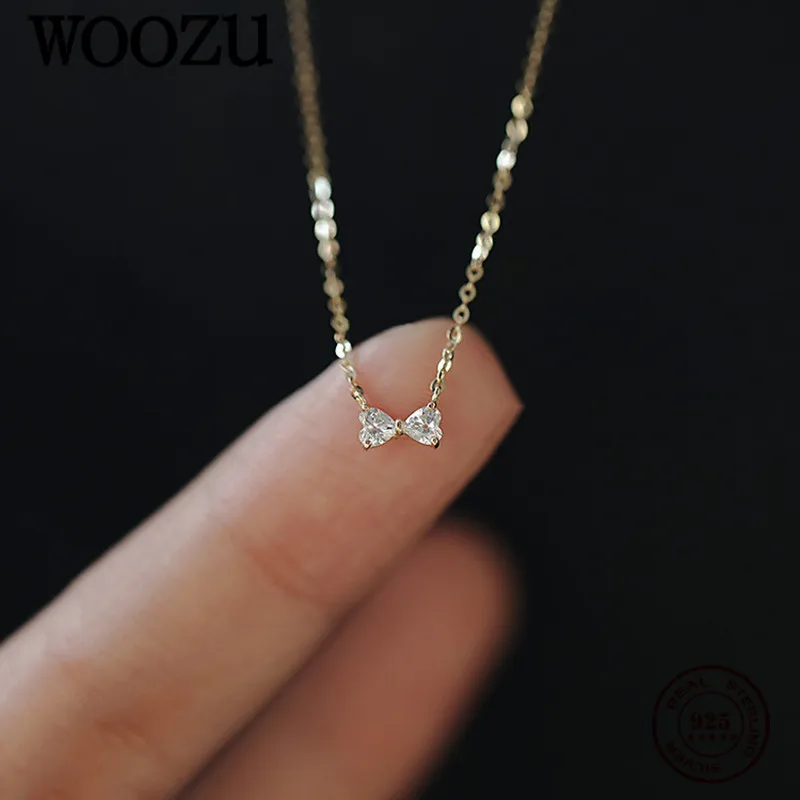 

WOOZU 925 Sterling Silver Romantic 14k Gold Plated Shiny Zircon Bow Love Chain Necklace for Women Teen Charming Party Jewelry