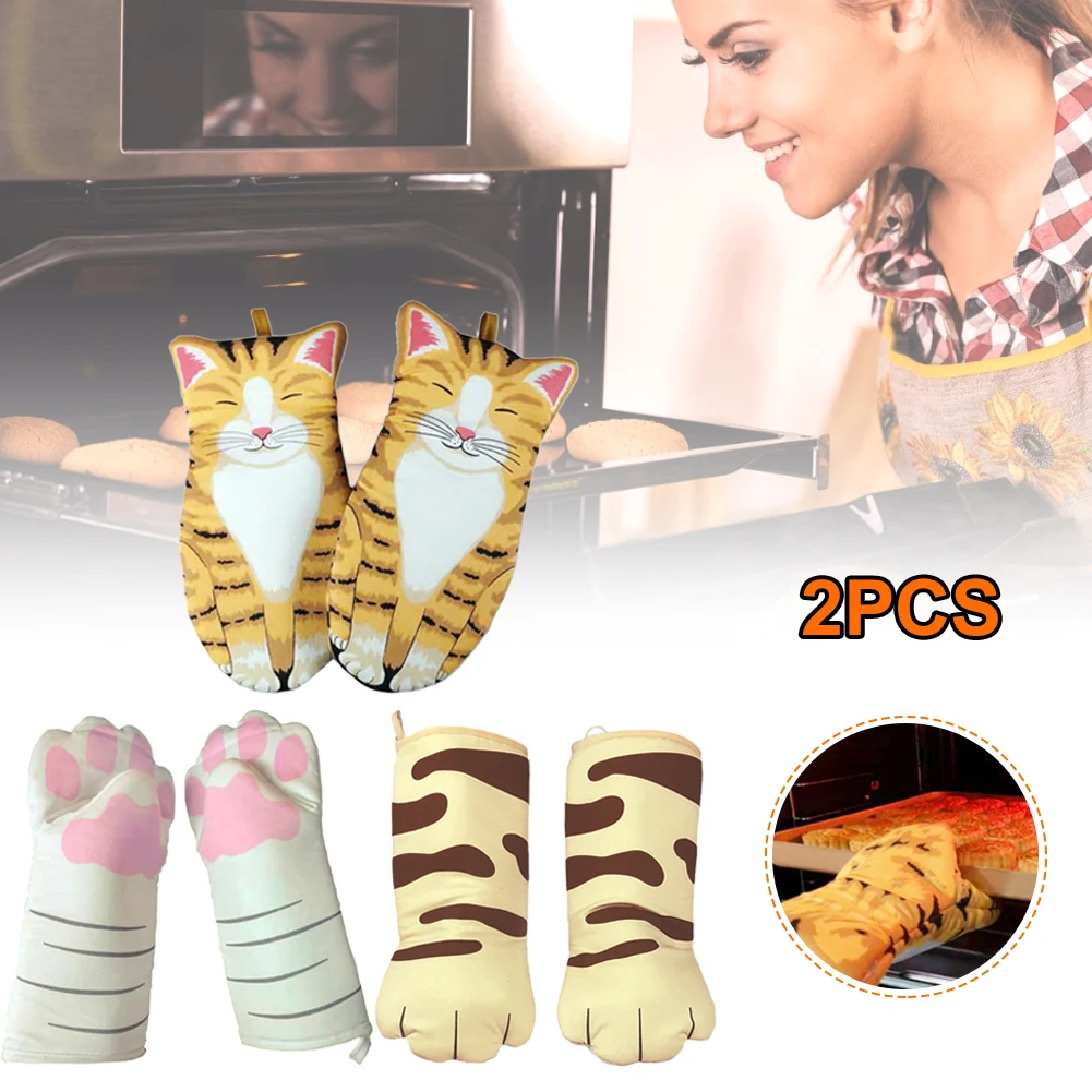 

2PC Cute Cartoon Cat Paws Oven Mitts Long Cotton Baking Insulation Microwave Heat Resistant Non-slip Gloves Bakeware Oven Mitts