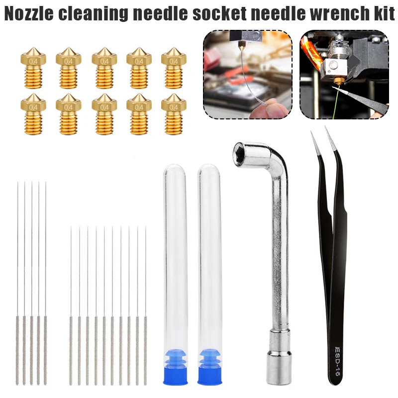 29pcs Nozzle Cleaning Kit 0.4mm Mk8 Nozzle 0.35/0.4mm Cleaning Needle Tweezers Wrench for 3D Printer GK99
29pcs Nozzle Cleaning Kit 0.4mm Mk8 Nozzle 0.35/0.4mm Cleaning Needle Tweezers Wrench for 3D Printer GK99