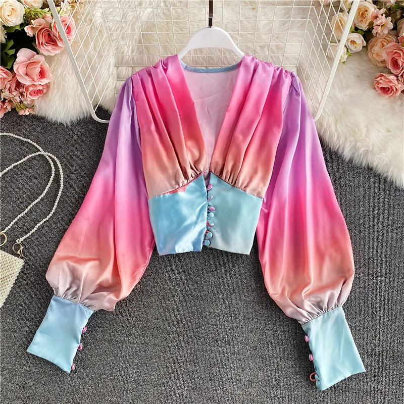 Autumn 2020 Rainbow Gradient Color Printed Blouse Women Sexy V-Neck Lantern Long Sleeve Short Tops Female Single Breasted Shirt
Autumn 2020 Rainbow Gradient Color Printed Blouse Women Sexy V-Neck Lantern Long Sleeve Short Tops Female Single Breasted Shirt