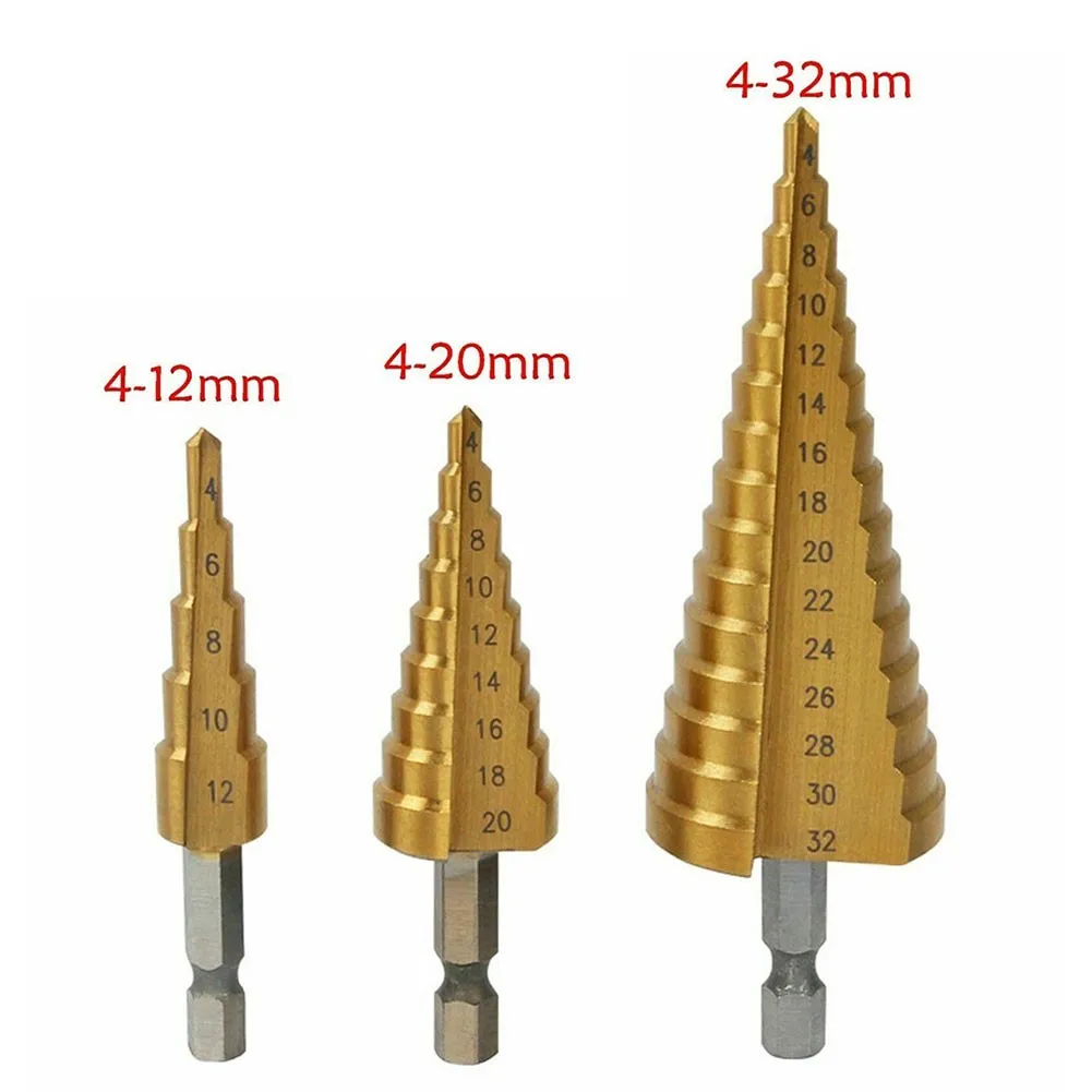 HSS Titanium Coated Step Drill Bits 4-12mm 4-20mm 4-32mm Straight Groove Step Core Drill For Wood Metal Steel Brass Drilling
HSS Titanium Coated Step Drill Bits 4-12mm 4-20mm 4-32mm Straight Groove Step Core Drill For Wood Metal Steel Brass Drilling