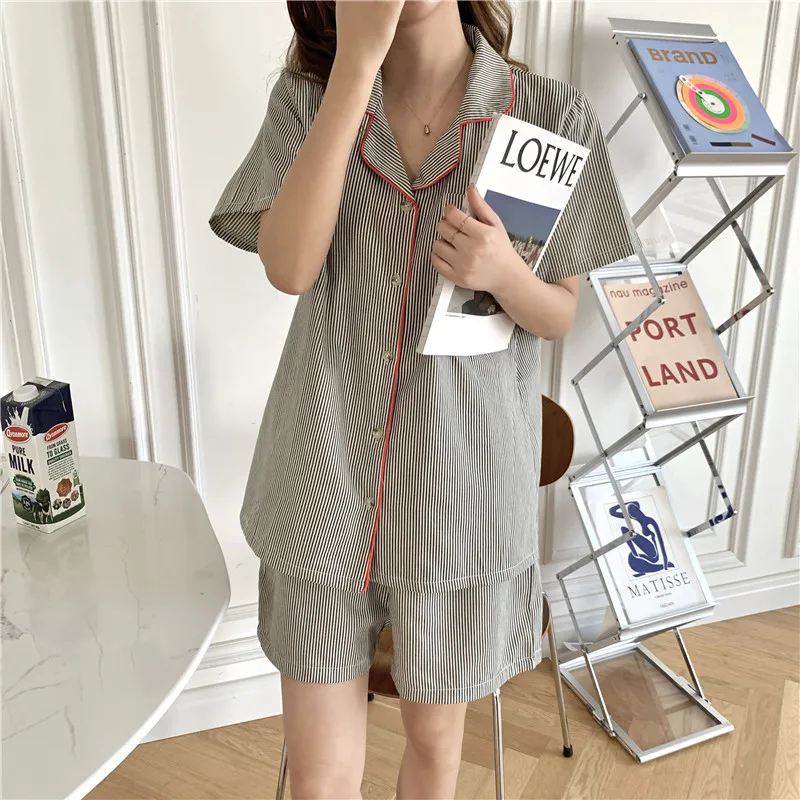 couples women/men summer pajamas set short sleeve striped home suit blouse pijamas shorts 2 piece set home clothes
couples women/men summer pajamas set short sleeve striped home suit blouse pijamas shorts 2 piece set home clothes