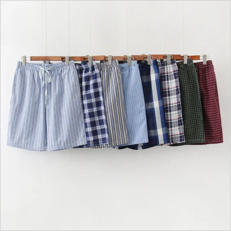 Летние мужские шорты для сна 100% хлопок пляжные повседневные клетчатые пижамы