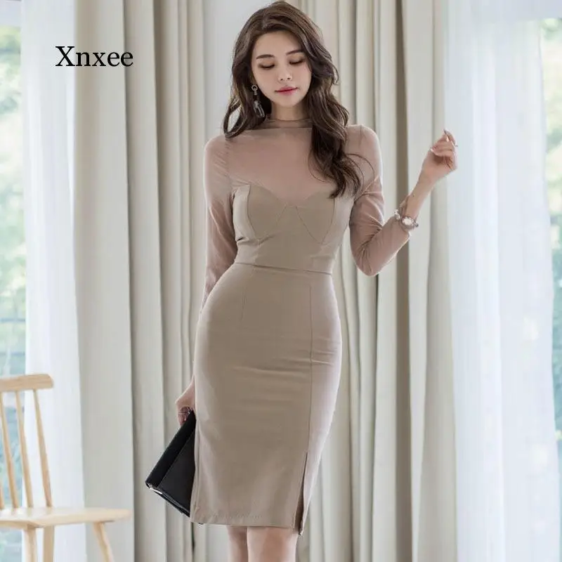 Mesh Splicing Perspective Long Sleeve Split Pencil Dress Office Wear Spring Elegant Women Business Work Sheath Bodycon Dresses
Mesh Splicing Perspective Long Sleeve Split Pencil Dress Office Wear Spring Elegant Women Business Work Sheath Bodycon Dresses