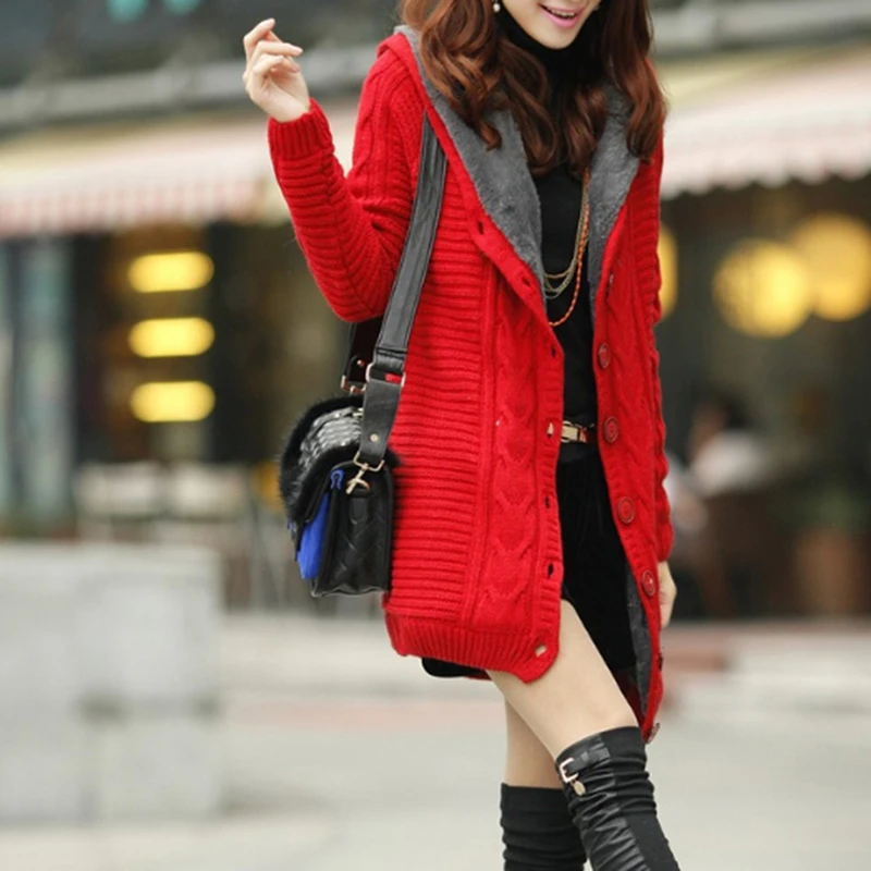 Women Thicken Warm Long Sleeve Twist Button Knitted Sweater Women Winter Hooded Knitted Cardigan Fashion Female Knitwear
Women Thicken Warm Long Sleeve Twist Button Knitted Sweater Women Winter Hooded Knitted Cardigan Fashion Female Knitwear