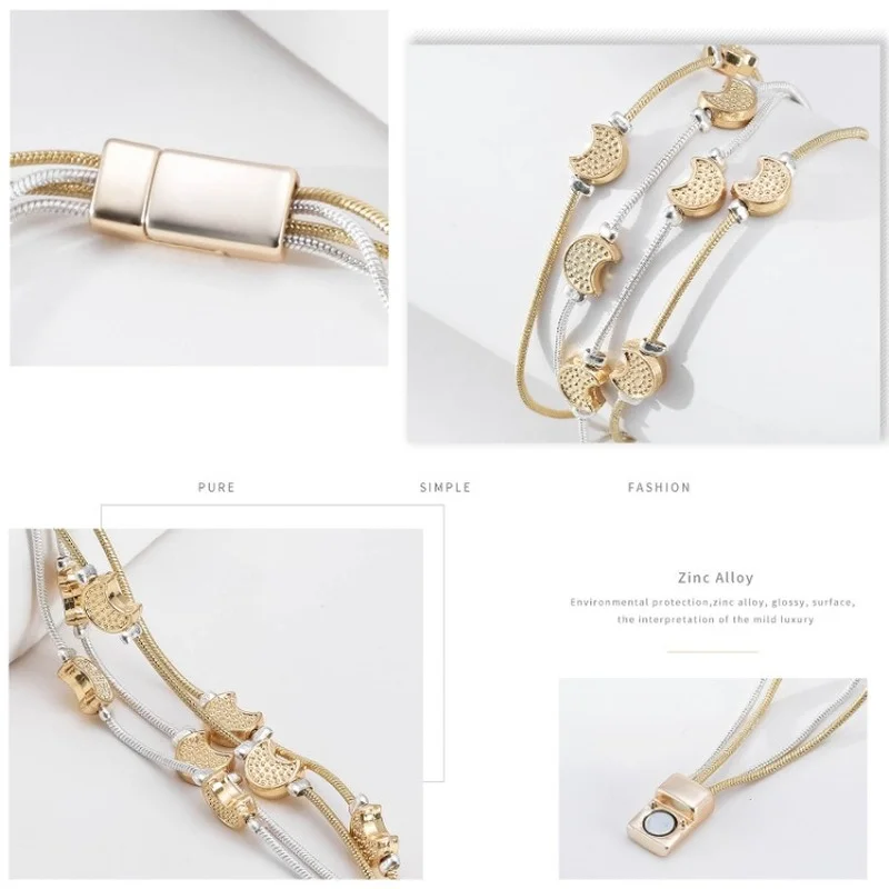 Elegant lady's hand ornaments multi-layer personality two-color snake bone chain lady moon accessory magnetic buckle bracelet
Elegant lady's hand ornaments multi-layer personality two-color snake bone chain lady moon accessory magnetic buckle bracelet