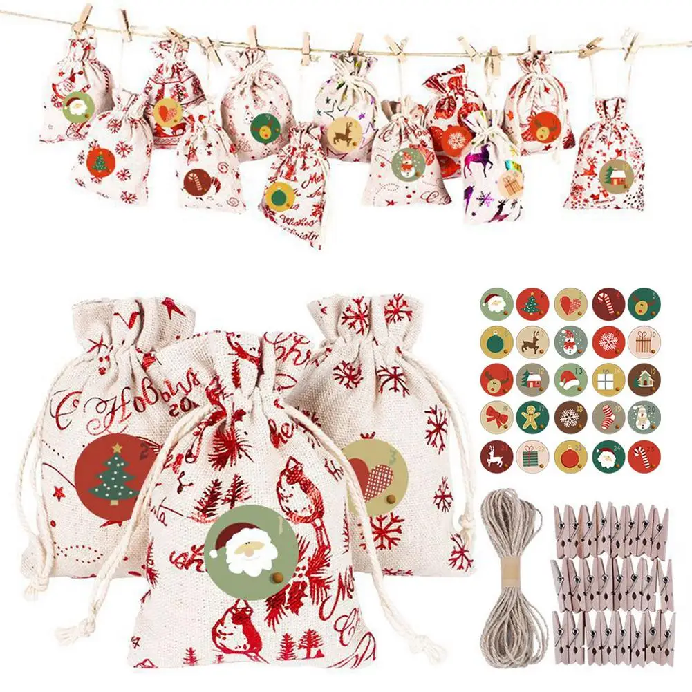 

24PCS Christmas Countdown Advent Calendar Bag Durable Reusable Linen Pocket Gift Bags Christmas Tree Decoration navidad