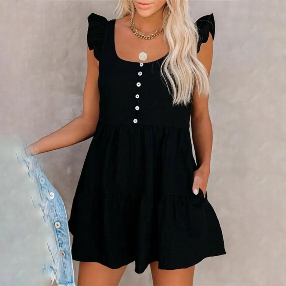 Women Solid Color Fly Sleeve Jumpsuit Summer Loose Ruffled Backless Romper Round Neck Breathable Skin-friendly Playsuit 
Women Solid Color Fly Sleeve Jumpsuit Summer Loose Ruffled Backless Romper Round Neck Breathable Skin-friendly Playsuit