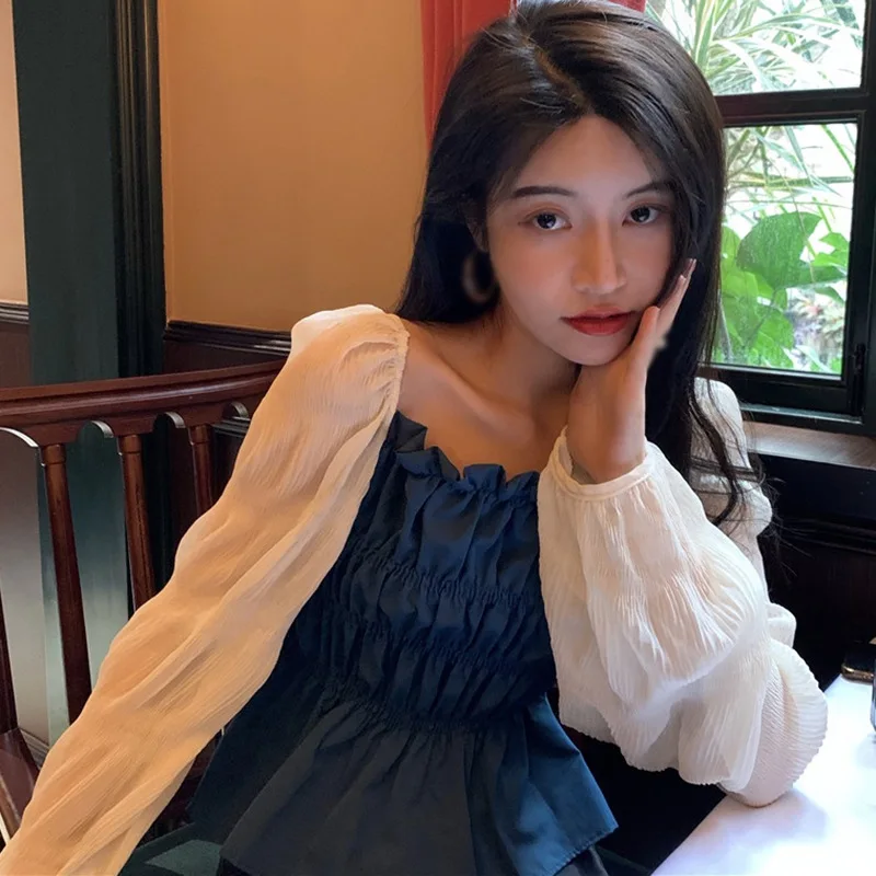 Autumn New Ladies Korean Fashion Square Collar Pleated Slim Casual Tops Girls Stitching Long-Sleeved Shirts
Autumn New Ladies Korean Fashion Square Collar Pleated Slim Casual Tops Girls Stitching Long-Sleeved Shirts