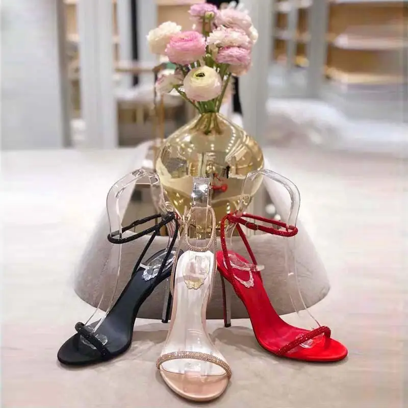 

2021 High 9cm heel RENE CAOVILLA CRYSTAL Karung Rose Gold Snakelike twining rhinestone sandals women summer thick heels