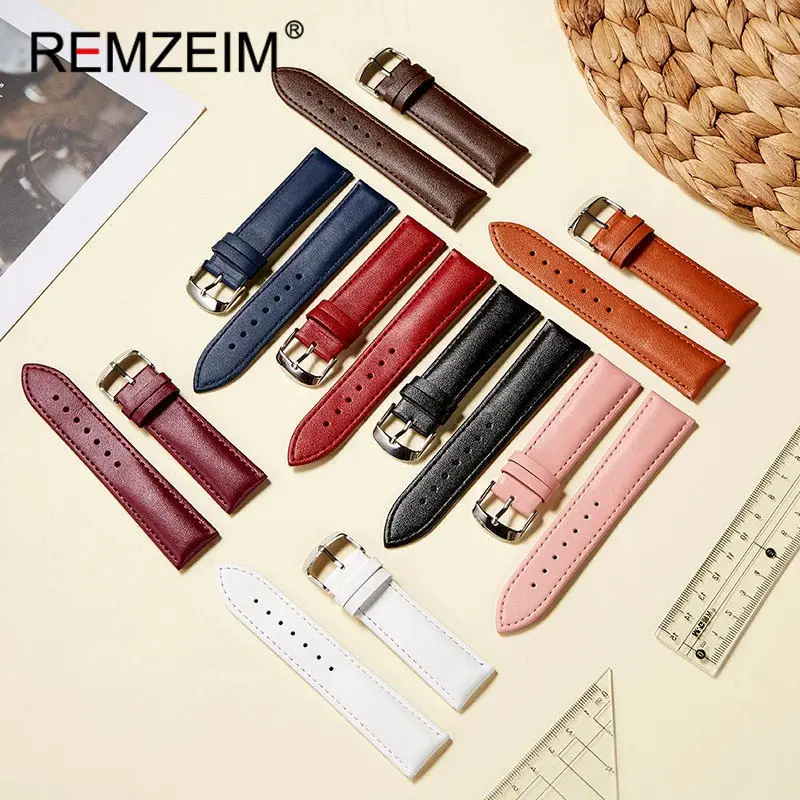 Calfskin Leather Watchbands 14mm 16mm 18mm 20mm 22mm Watch Accessories Women Pink Red White Wrist Belt Bracelet Straps | Наручные часы
