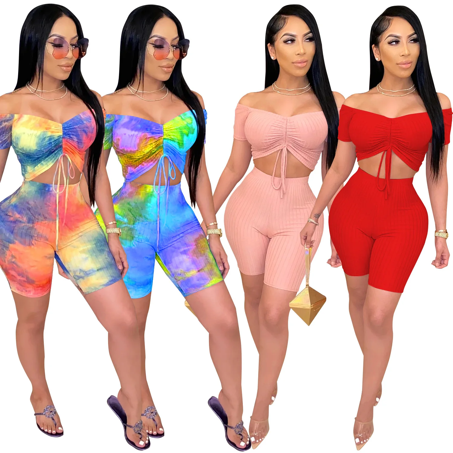 Solid Color Tie Dye Print Off The Shoulder Short Sleeve Pleated Tshirt and Biker Shorts Two Piece set Women Summer Casual Suits
Solid Color Tie Dye Print Off The Shoulder Short Sleeve Pleated Tshirt and Biker Shorts Two Piece set Women Summer Casual Suits