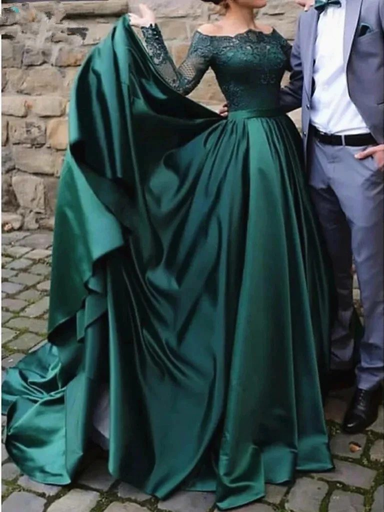 Elegant Muslim Long Sleeves Lace Emerald Green Evening Dresses 2020 Off the Shoulder Satin Formal Dress Party Ball Gown
Elegant Muslim Long Sleeves Lace Emerald Green Evening Dresses 2020 Off the Shoulder Satin Formal Dress Party Ball Gown