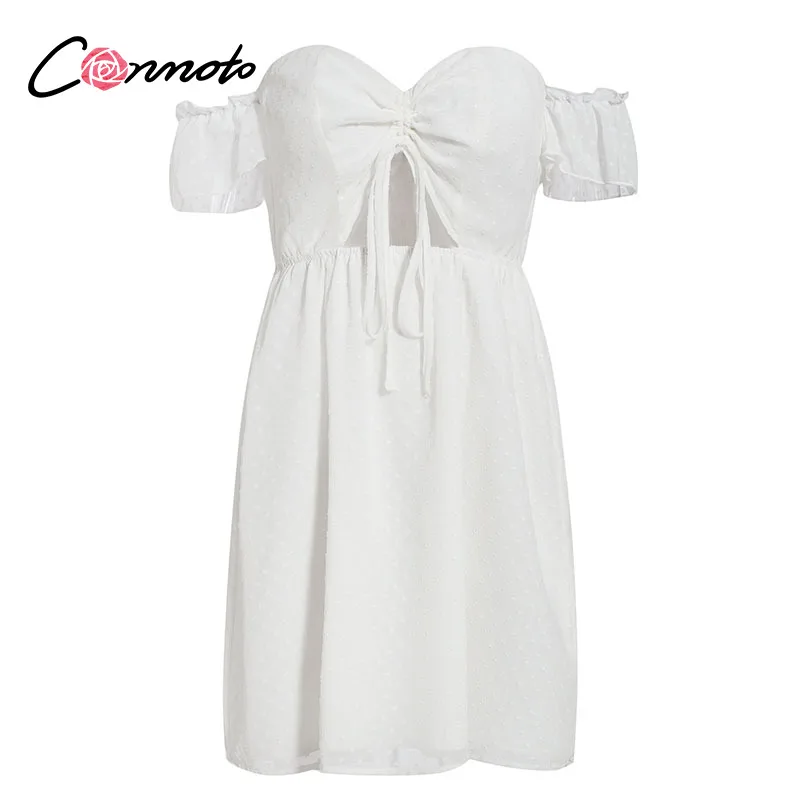 Женское шифоновое платье Conmoto белое Повседневное с оборками и открытыми плечами