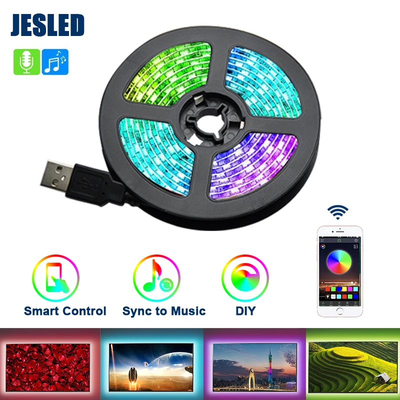 JESLED RGB Led Light Strip USB 5050SMD Flexible Ribbon Tape Living Room Led Night Lamp 0.5/1/2/3M Music Bluetooth APP Control
JESLED RGB Led Light Strip USB 5050SMD Flexible Ribbon Tape Living Room Led Night Lamp 0.5/1/2/3M Music Bluetooth APP Control