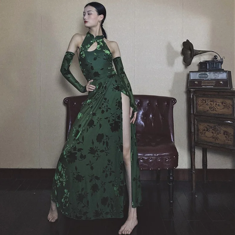 

Женский костюм для классических танцев, зеленый костюм джаза, сказочный китайский чонсам, костюм для выступлений, праздничная одежда