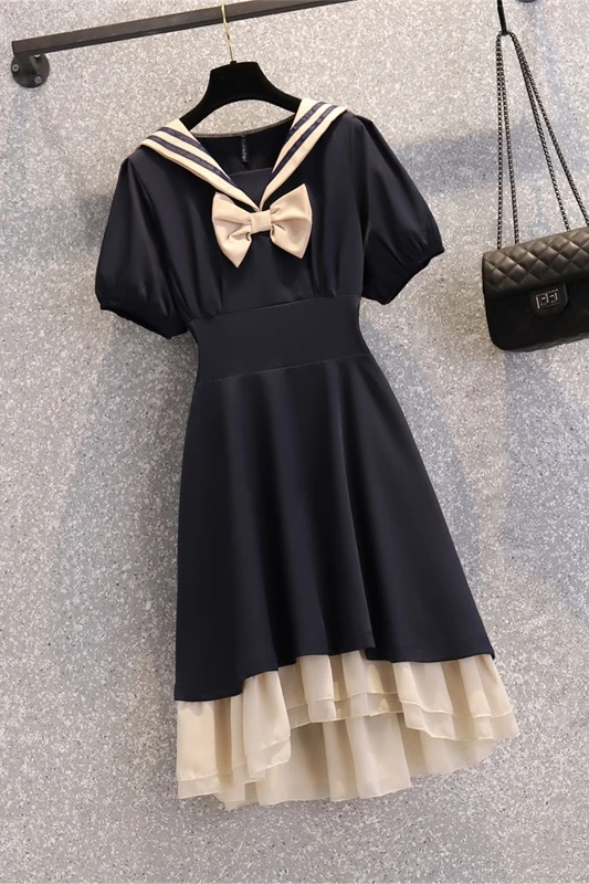 Houthion New Short Sleeve Women's Dress Casual Korean Summer Dresses Navy Collar Draw Back Pure Color Stitching Fashion Tops
Houthion New Short Sleeve Women's Dress Casual Korean Summer Dresses Navy Collar Draw Back Pure Color Stitching Fashion Tops