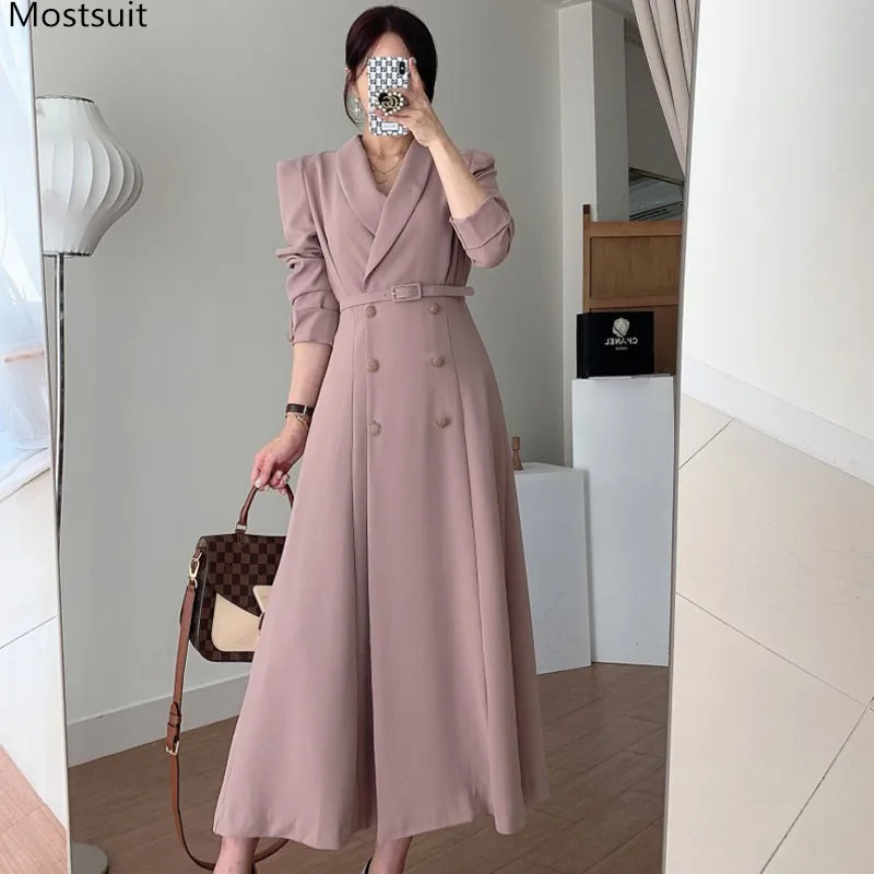 Spring Autumn Elegant Dress Women Double Breasted V-neck Belt Blazer Dresses Korean Outwear Maxi Dress Robe Femme 2021
Spring Autumn Elegant Dress Women Double Breasted V-neck Belt Blazer Dresses Korean Outwear Maxi Dress Robe Femme 2021